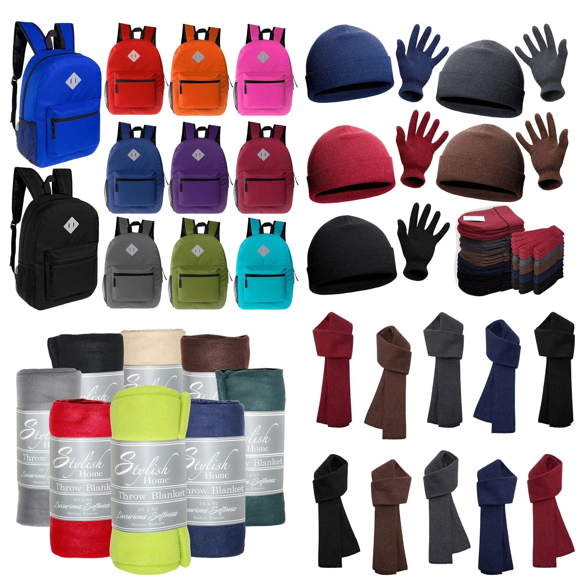 12 Bulk 17" Diamond Patch Backpacks & Your Choice of 12 Winter Item Sets - Wholesale Care Package: Homeless, Emergency, Charity