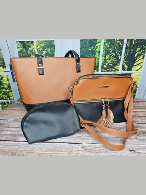 3 in 1 Brown/Black Handbag Cosmetic Crossbody Set