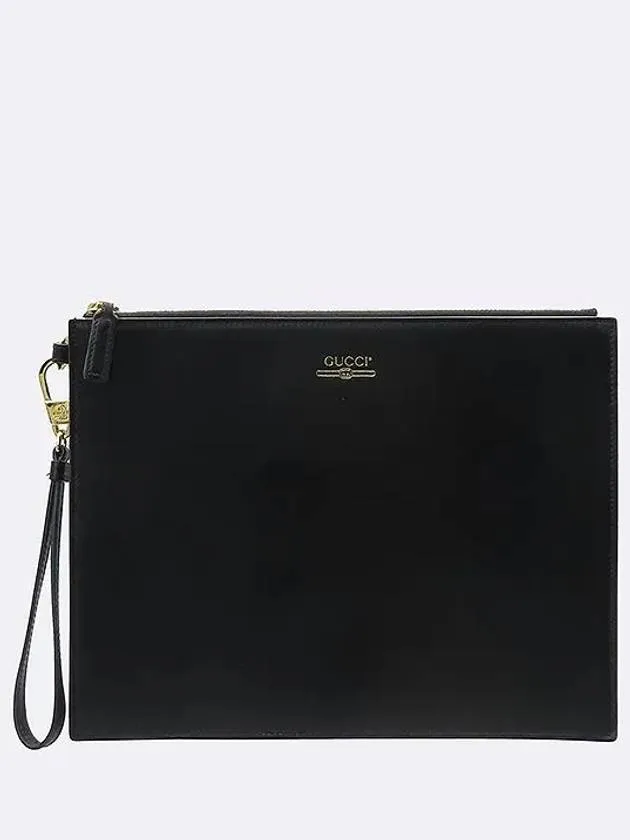 547613 Black leather printed logo decorated strap clutch bag