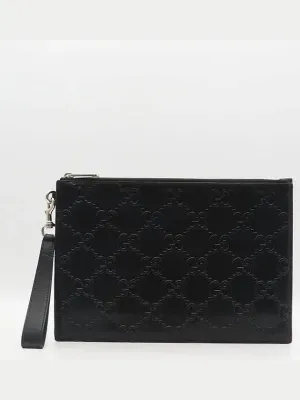 625569 Black leather GG emboss pouch clutch wrist strap