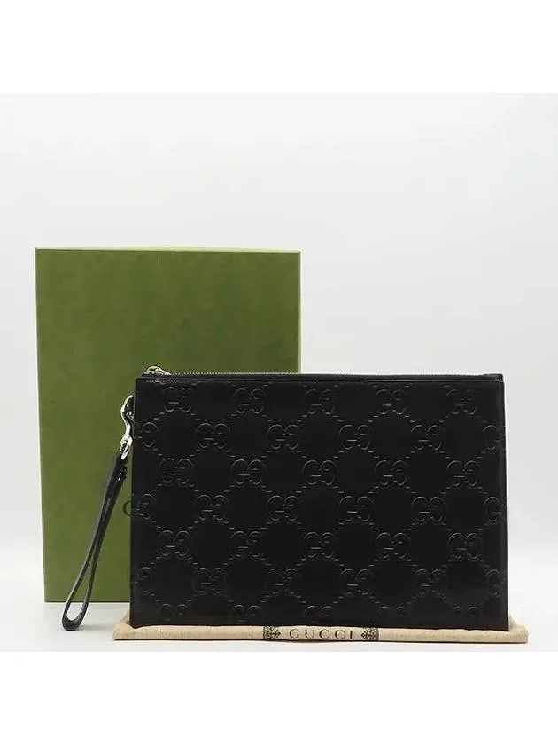 625569 Black leather GG emboss pouch clutch wrist strap