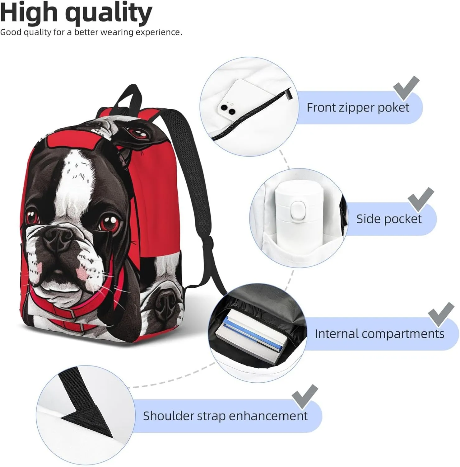 Canvas Backpack Boston Terrier Dog Red Travel Laptop Backpack Casual Daypack Carry On Rucksack for Men Women Small