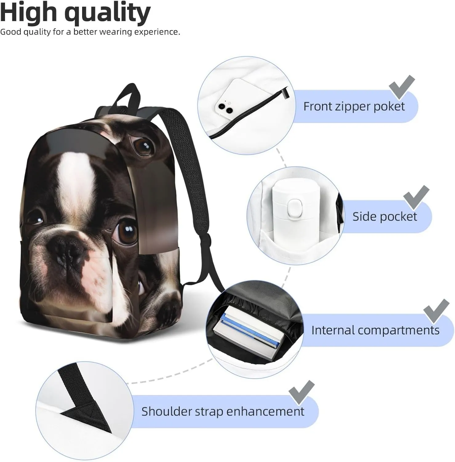 Canvas Backpack Cute Boston Terrier Travel Laptop Backpack Casual Daypack Carry On Rucksack for Men Women Small