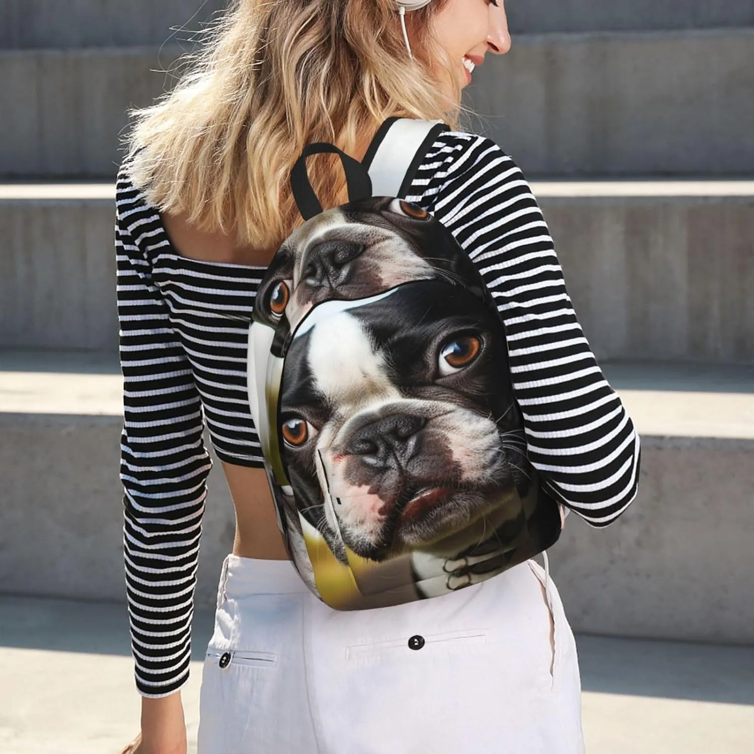 Canvas Backpack Puppy Dog Boston Terrier Travel Laptop Backpack Casual Daypack Carry On Rucksack for Men Women Medium