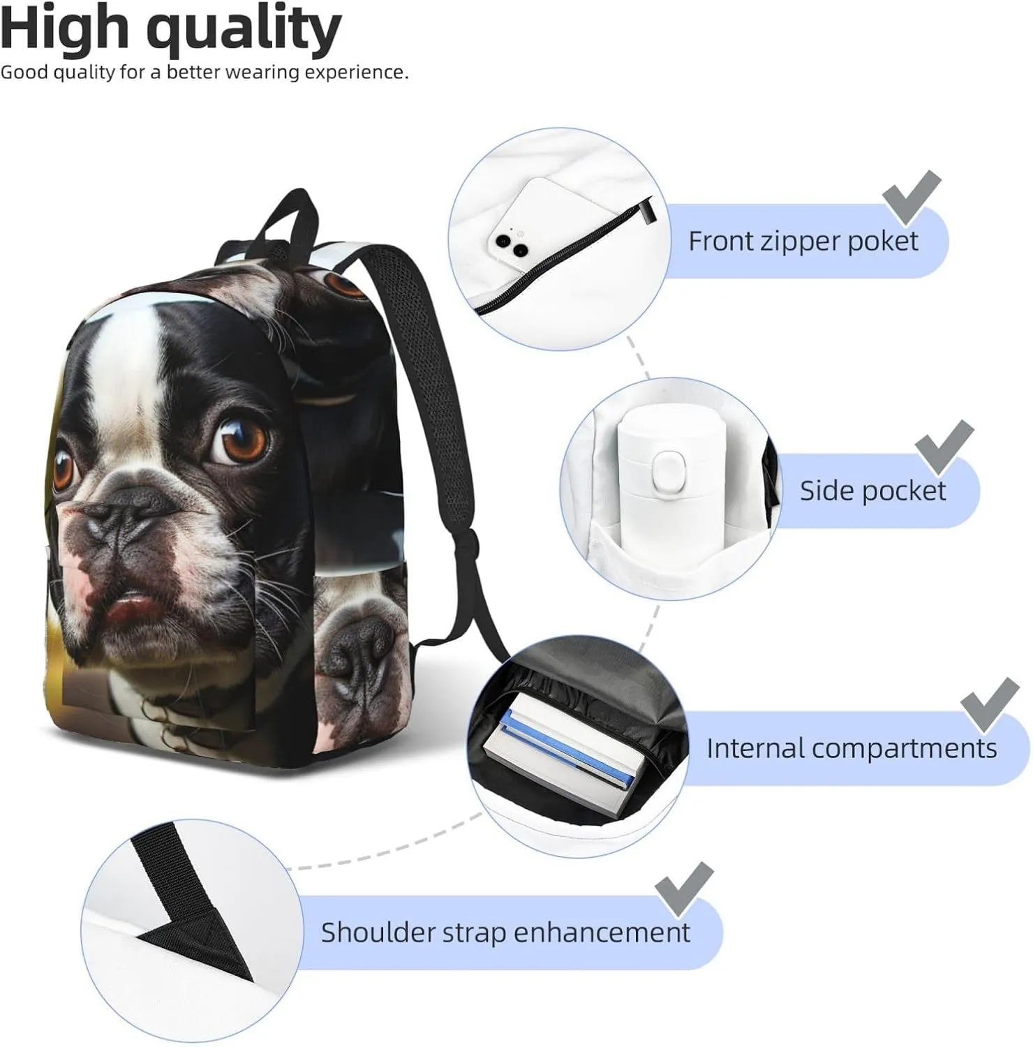 Canvas Backpack Puppy Dog Boston Terrier Travel Laptop Backpack Casual Daypack Carry On Rucksack for Men Women Medium