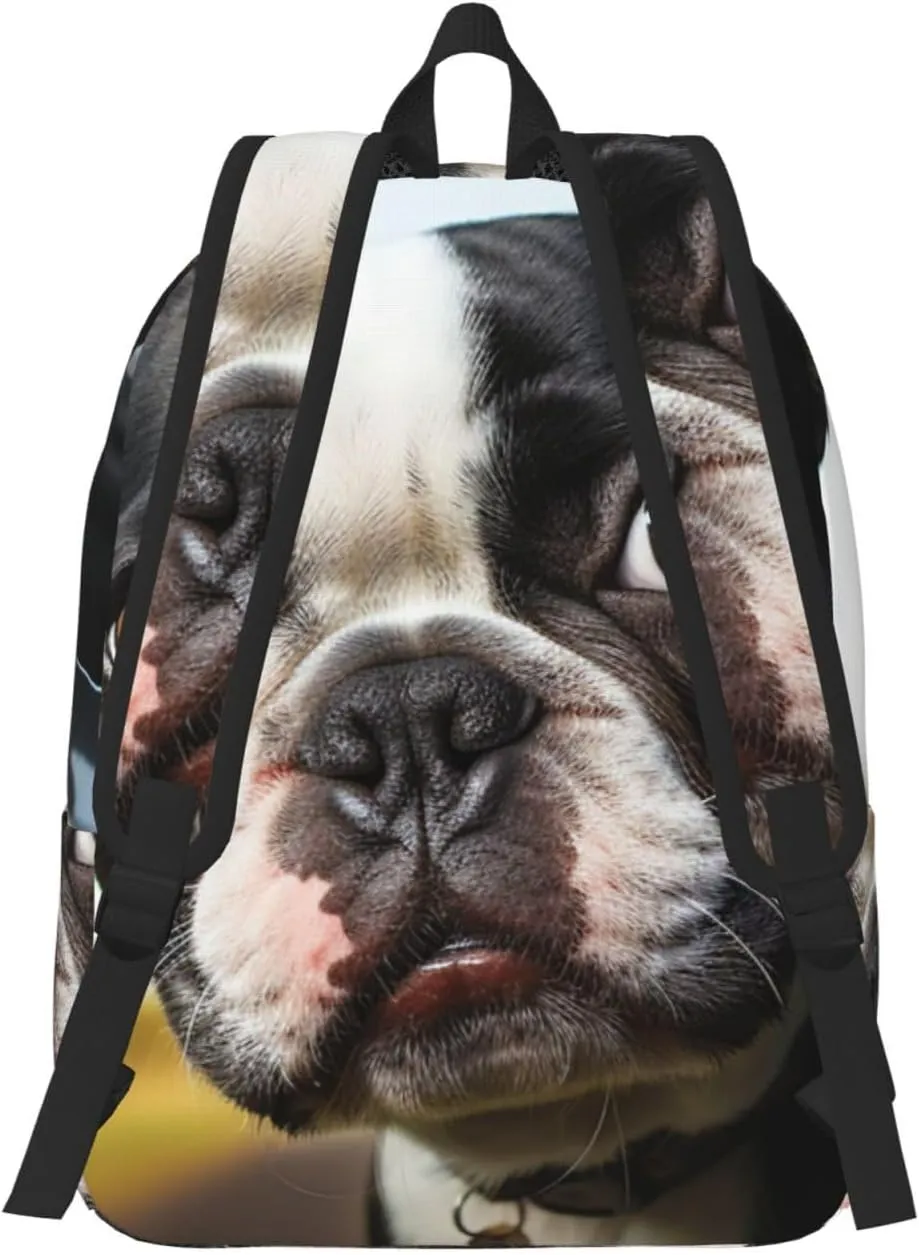 Canvas Backpack Puppy Dog Boston Terrier Travel Laptop Backpack Casual Daypack Carry On Rucksack for Men Women Medium