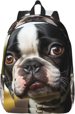 Canvas Backpack Puppy Dog Boston Terrier Travel Laptop Backpack Casual Daypack Carry On Rucksack for Men Women Medium