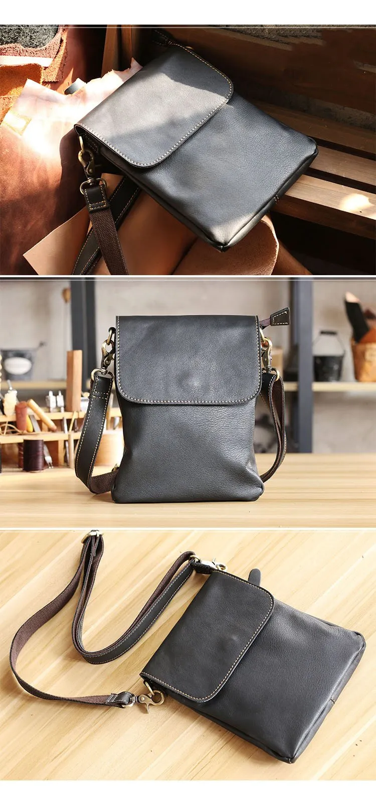 Casual Black Leather Mens Small Vertical Courier Bags Black Messenger Bags Brown Postman Bags For Men