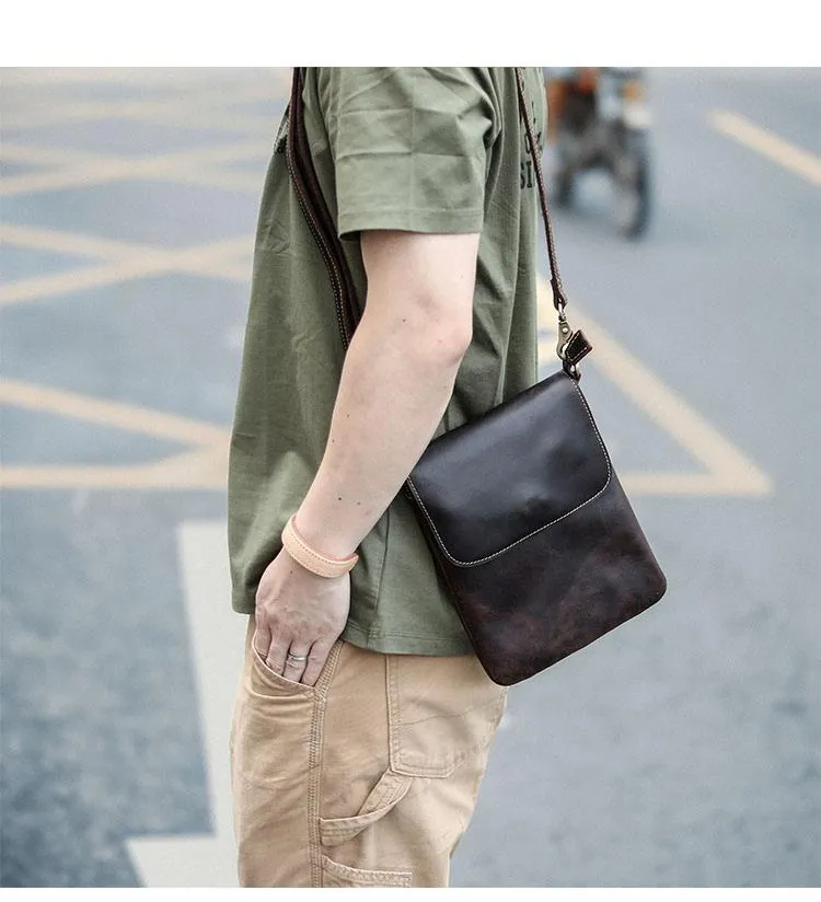 Casual Black Leather Mens Small Vertical Courier Bags Black Messenger Bags Brown Postman Bags For Men