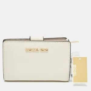 Cream Leather Jet Set Travel Compact Wallet