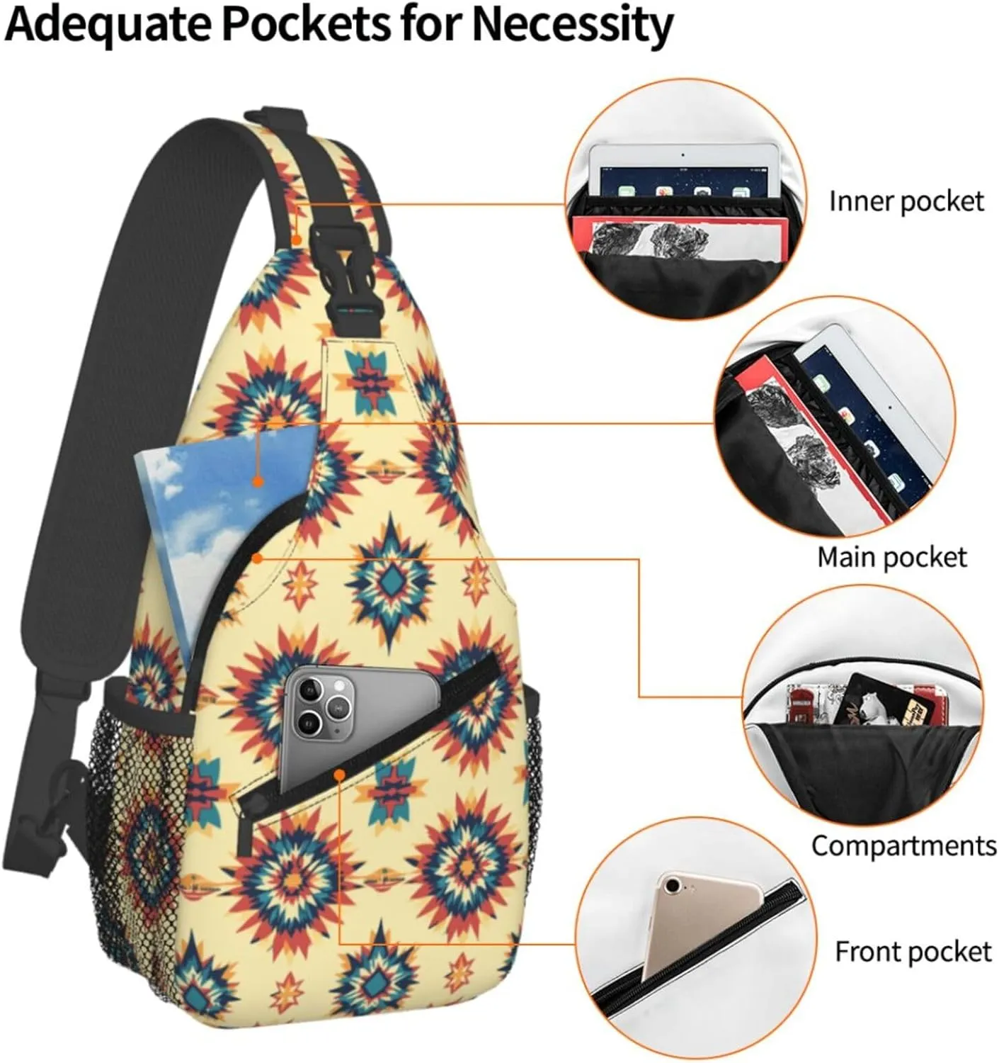 Crossbody Bags For Women Men Aztec Yellow Sling Backpack Chest Shoulder Bag Gym Cycling Travel Hiking Daypack