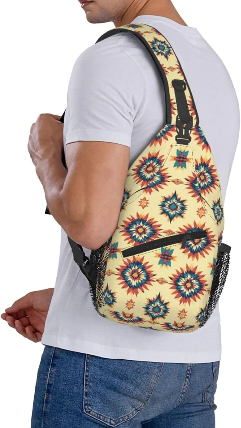 Crossbody Bags For Women Men Aztec Yellow Sling Backpack Chest Shoulder Bag Gym Cycling Travel Hiking Daypack