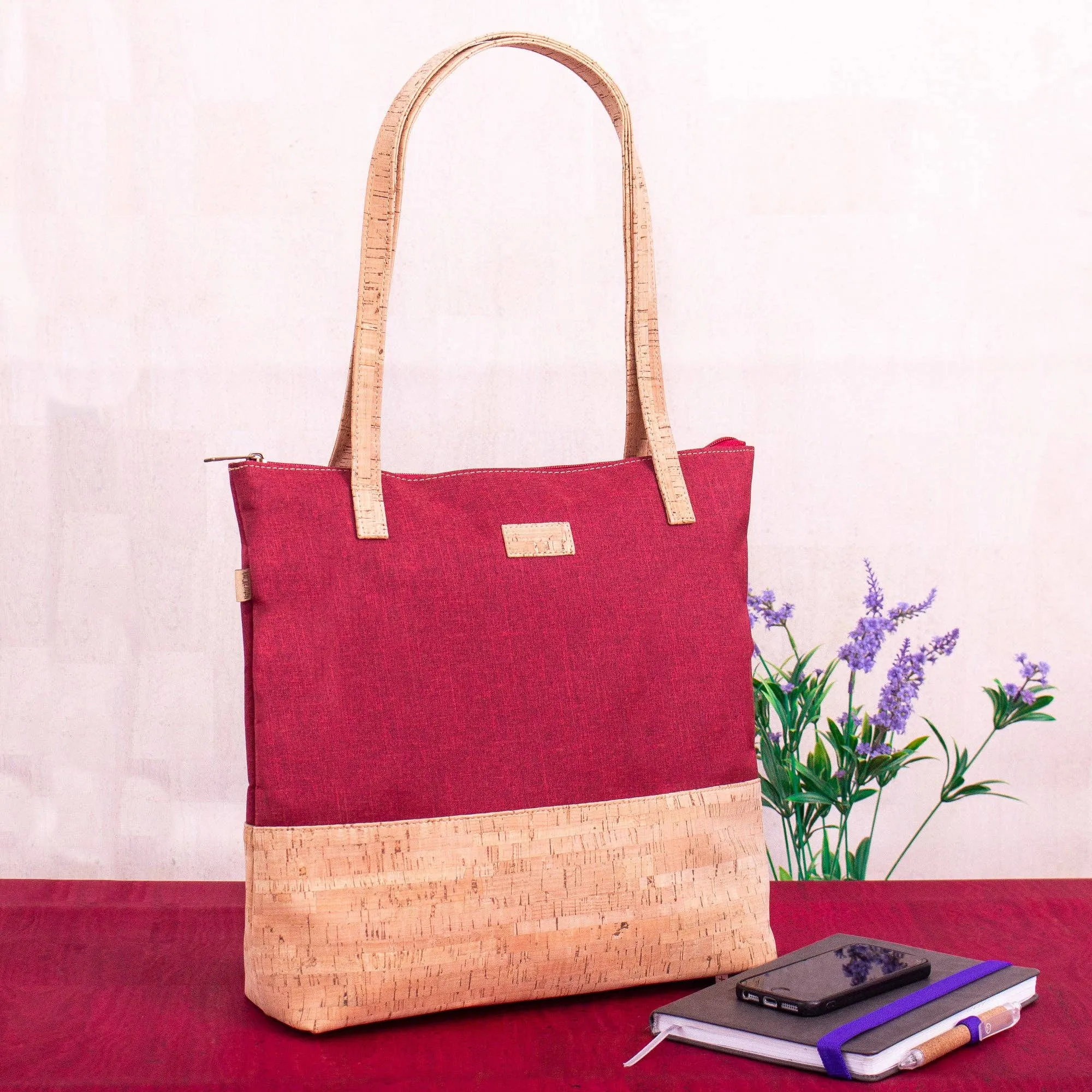 Floral Cork & Red Tote