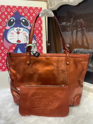 Gucci Exotic Leather Tote Bag 9039 - Preloved, Textured Brown, Medium Designer Handbag