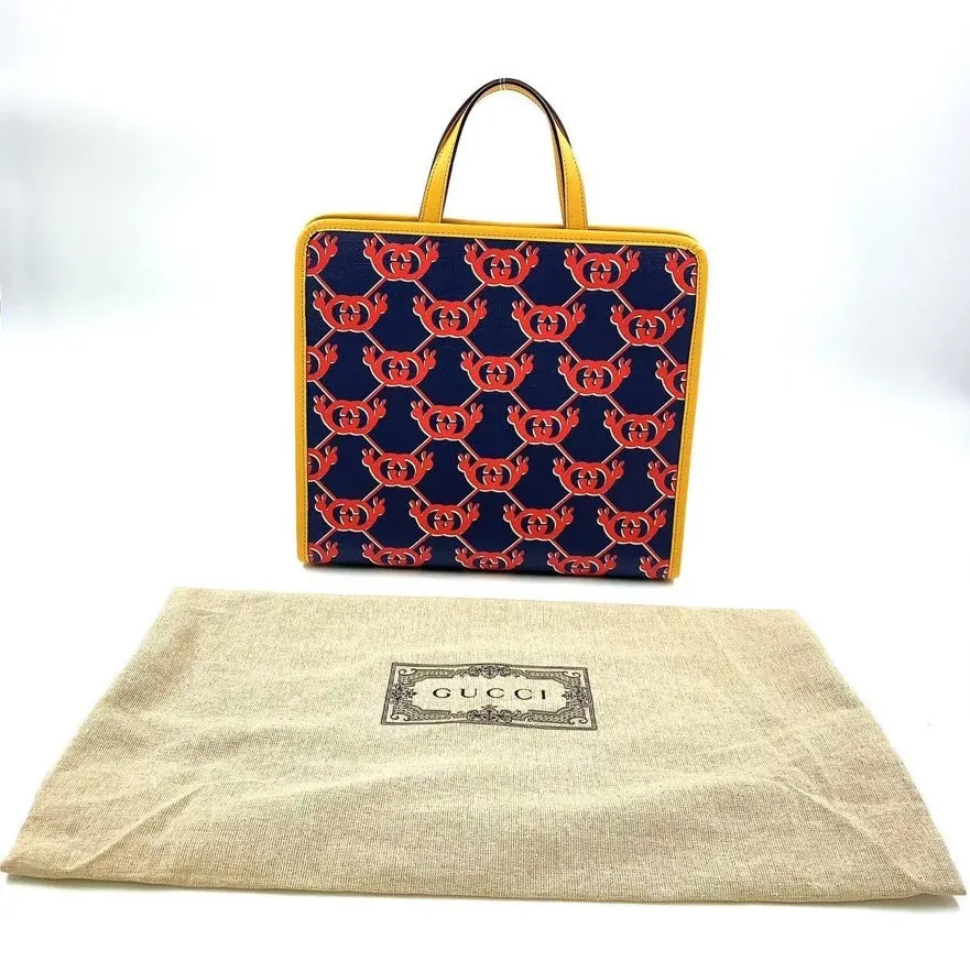 Gucci LB108848 GG Crab Pattern Yellow Trim Tote Bag
