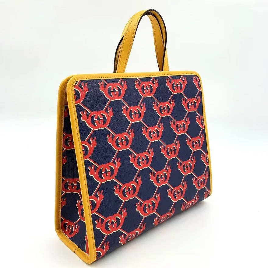 Gucci LB108848 GG Crab Pattern Yellow Trim Tote Bag