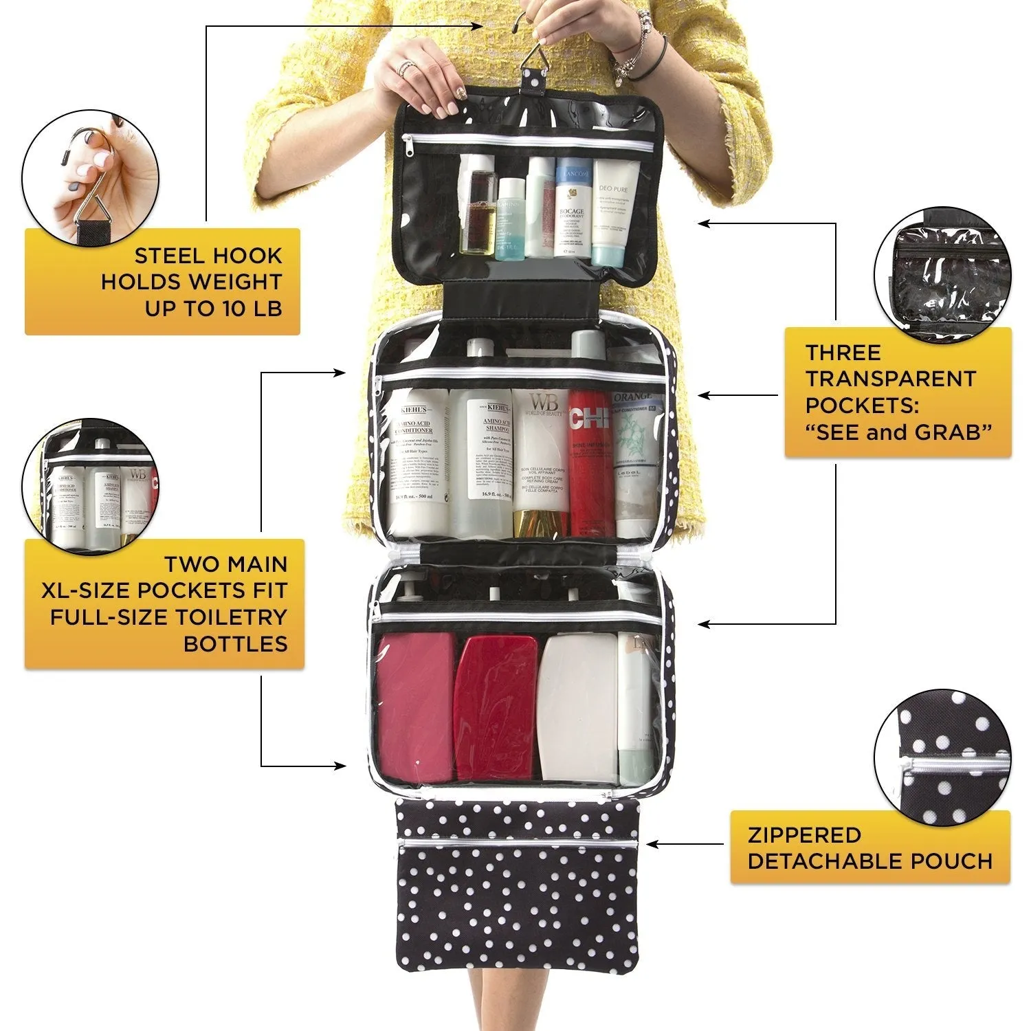 Large Hanging Travel Cosmetic Bag For Women - Versatile Toiletry And Cosmetic Makeup Organizer With Many Pockets (Black roses)