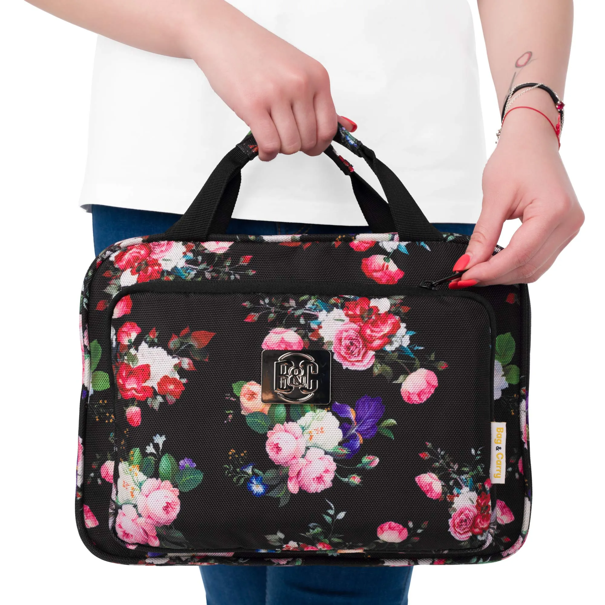 Large Hanging Travel Cosmetic Bag For Women - Versatile Toiletry And Cosmetic Makeup Organizer With Many Pockets (Black roses)