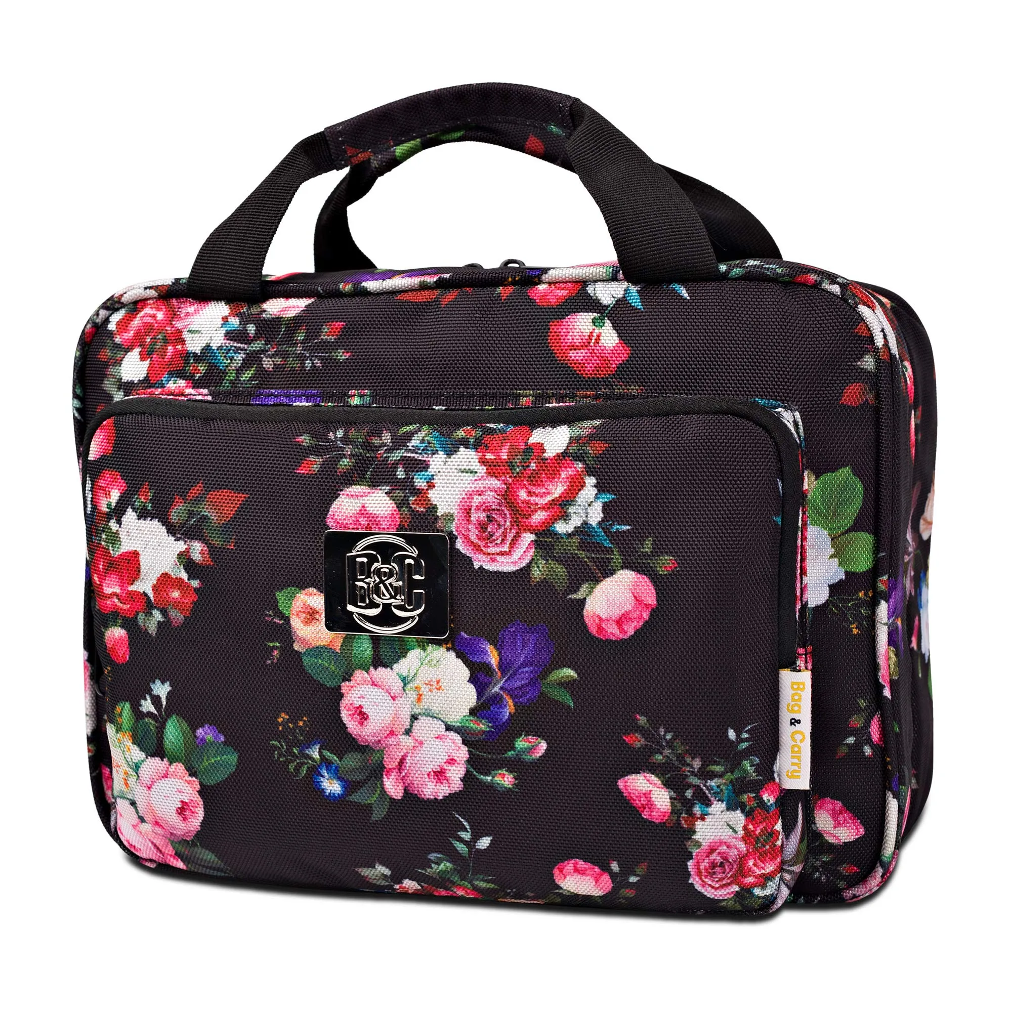 Large Hanging Travel Cosmetic Bag For Women - Versatile Toiletry And Cosmetic Makeup Organizer With Many Pockets (Black roses)