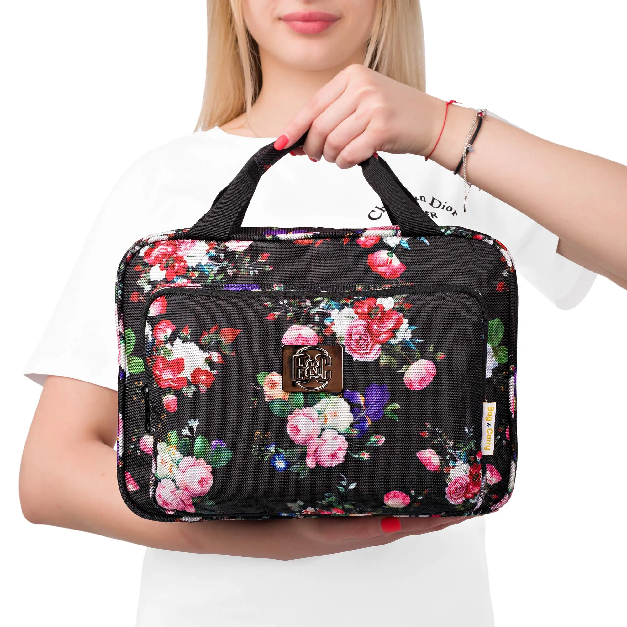 Large Hanging Travel Cosmetic Bag For Women - Versatile Toiletry And Cosmetic Makeup Organizer With Many Pockets (Black roses)