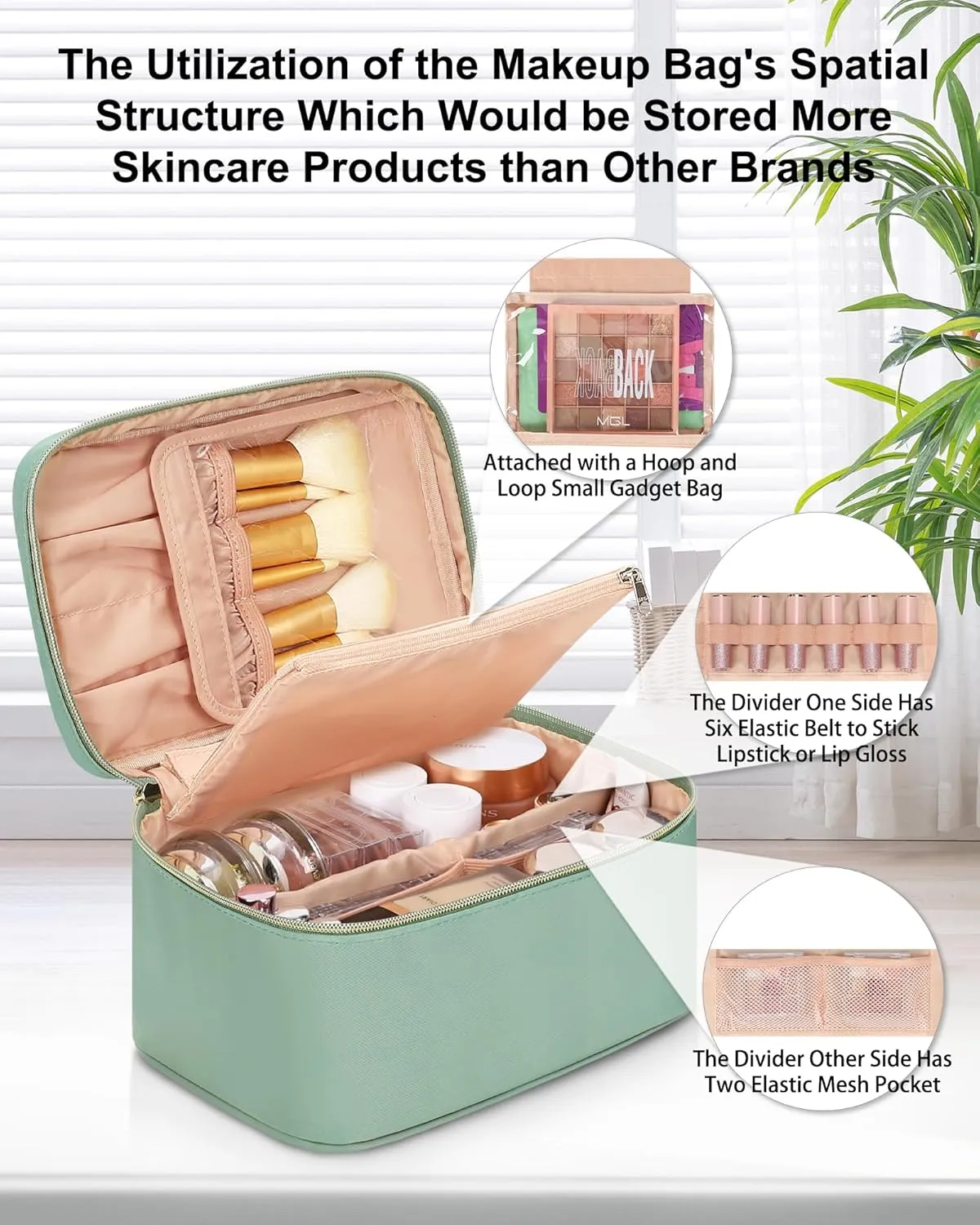 MONSTINA Makeup Bag with Detachable Small Gadget Bag,Large Capacity Portable Cosmetic Organizer,Waterproof Travel Toiletry Bag with Divider for Lipstick,Gifts for Girls and Women,Green Large
