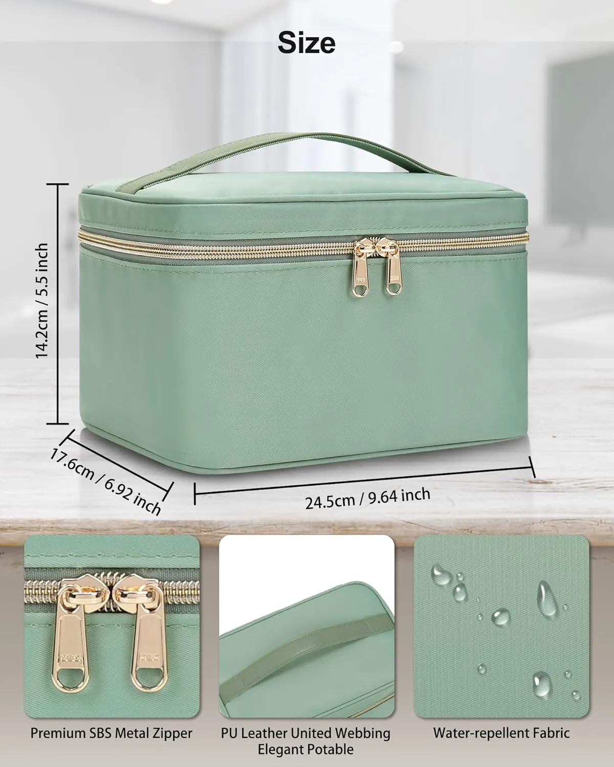 MONSTINA Makeup Bag with Detachable Small Gadget Bag,Large Capacity Portable Cosmetic Organizer,Waterproof Travel Toiletry Bag with Divider for Lipstick,Gifts for Girls and Women,Green Large