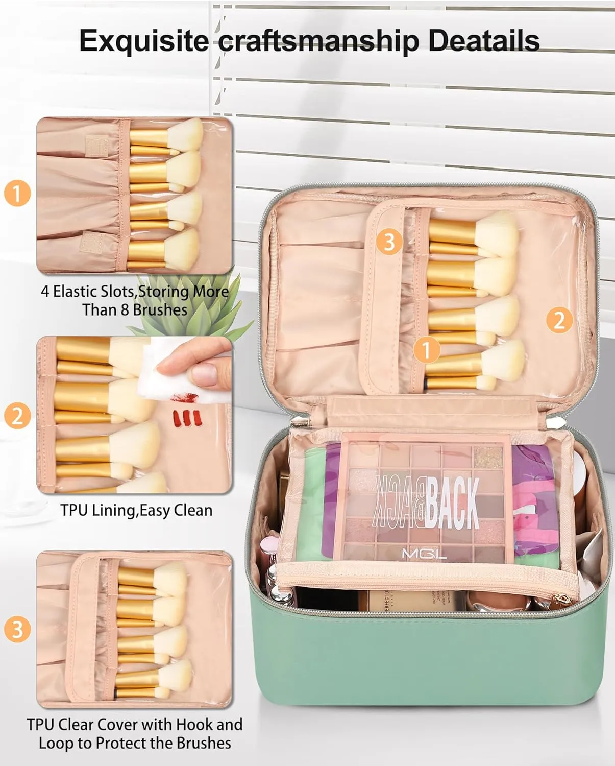 MONSTINA Makeup Bag with Detachable Small Gadget Bag,Large Capacity Portable Cosmetic Organizer,Waterproof Travel Toiletry Bag with Divider for Lipstick,Gifts for Girls and Women,Green Large