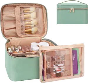 MONSTINA Makeup Bag with Detachable Small Gadget Bag,Large Capacity Portable Cosmetic Organizer,Waterproof Travel Toiletry Bag with Divider for Lipstick,Gifts for Girls and Women,Green Large
