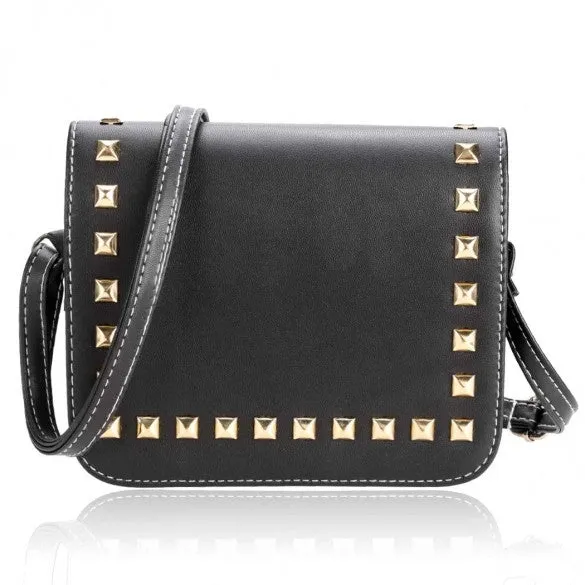 New Women Synthetic Leather Messenger Bag Rivets Decor Flap Hard Casual Party Shoulder Bag