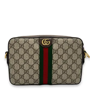 Ophidia Brown Crossbody Bag in Monogram Coated Canvas, Gold hardware