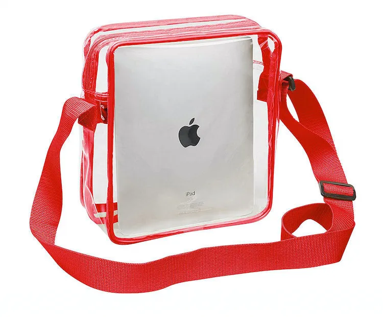Tablet Size Clear Cross-Body Messenger Shoulder Bag - Red Trim (CH-510-RED)