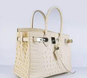 Trendy Inspired Hermes Birkin 30cm Crocodile Head Vein Handbags Beige Silver