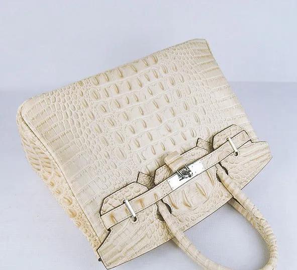 Trendy Inspired Hermes Birkin 30cm Crocodile Head Vein Handbags Beige Silver