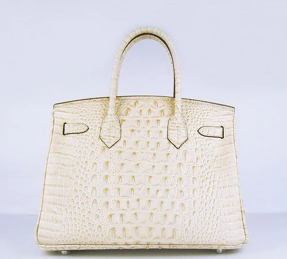 Trendy Inspired Hermes Birkin 30cm Crocodile Head Vein Handbags Beige Silver