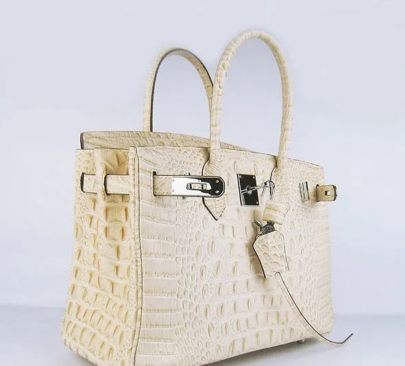 Trendy Inspired Hermes Birkin 30cm Crocodile Head Vein Handbags Beige Silver